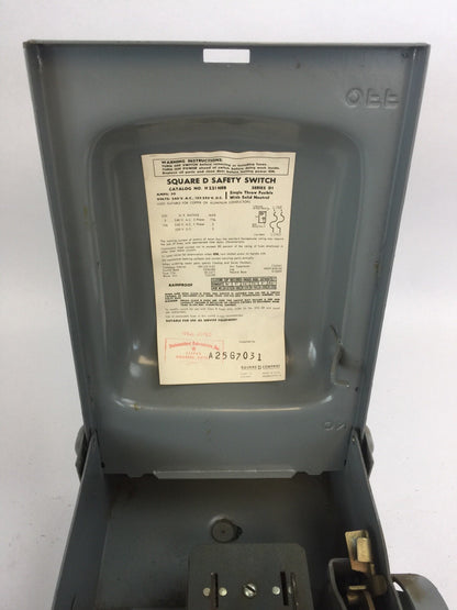 SQUARE D H221NRB SERIES D1 FUSIBLE SAFETY SWITCH 30A 240VAC 125/250VDC 2POLE