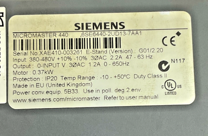 SIEMENS 6SE6440-2UD13-7AA1 FREQUENCY INVERTER MICRMASTER VER. G01/2.20