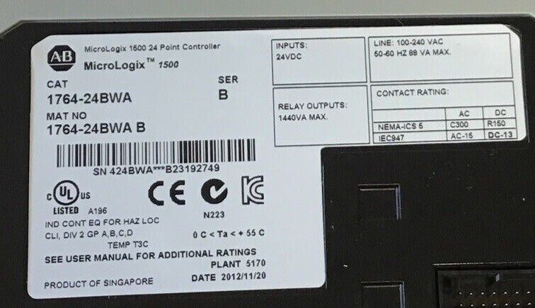 ALLEN BRADLEY 1764-24BWA 24 POINT CONTROLLER SER.B 24VDC 240VAC