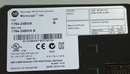 ALLEN BRADLEY 1764-24BWA 24 POINT CONTROLLER SER.B 24VDC 240VAC