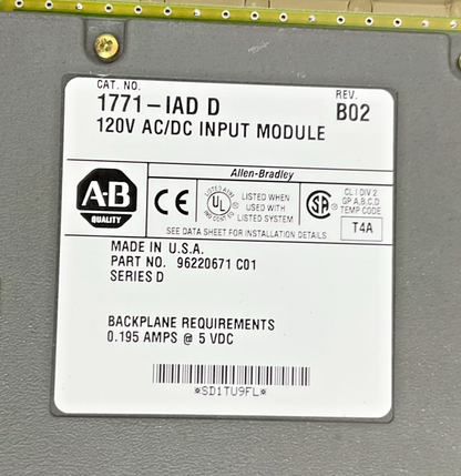 ALLEN BRADLEY 1771-IAD PLC INPUT MODULE SER.D REV.B02 120VAC/DC