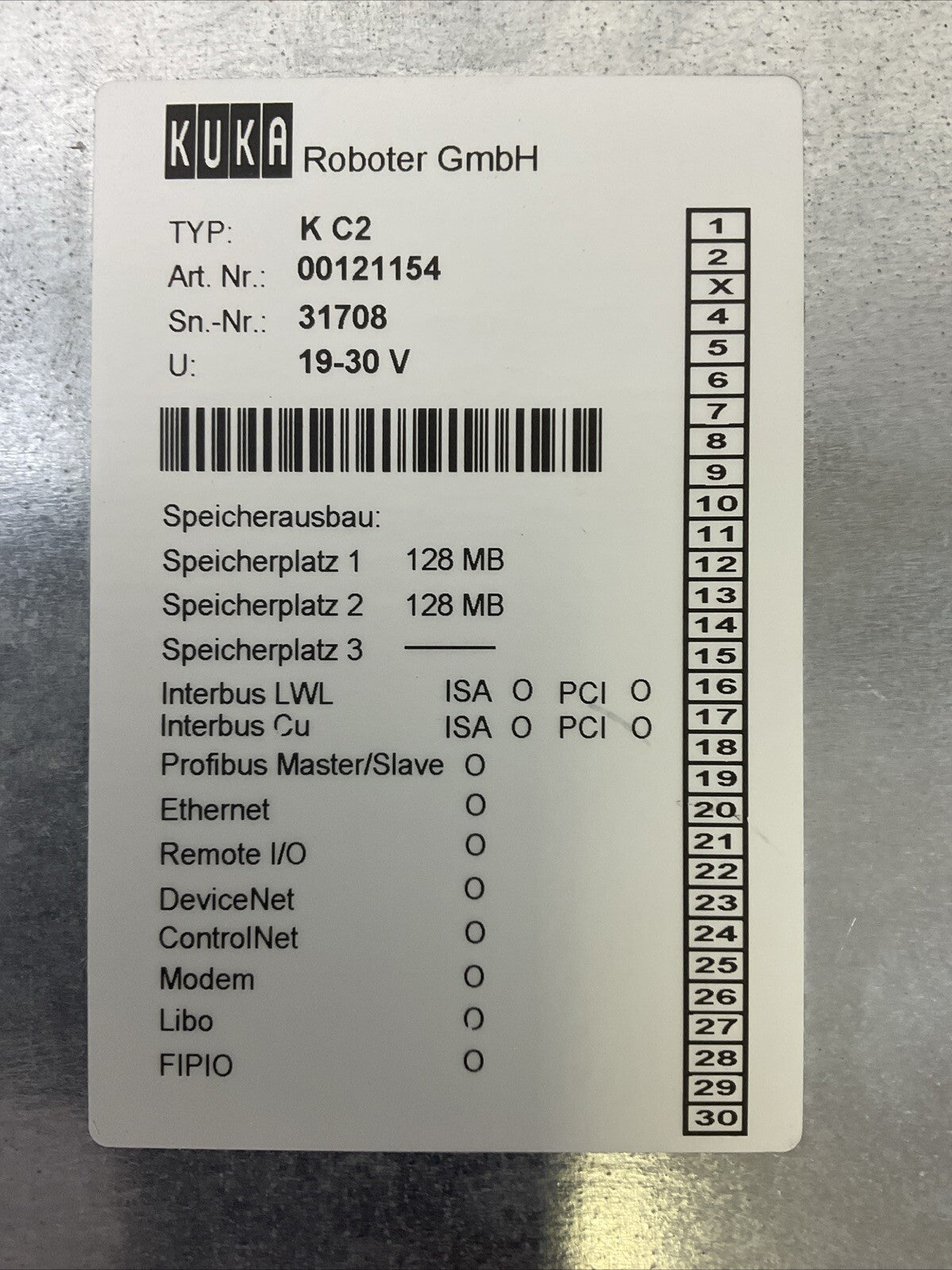 KUKA ROBOTER GmbH TYPE K C2 ART. NR.: 00121125 U: 19-30V COMPUTER