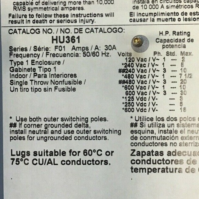 SQUARE D SAFETY SWITCH HU361 SER.F01 30A TYPE1 600VAC