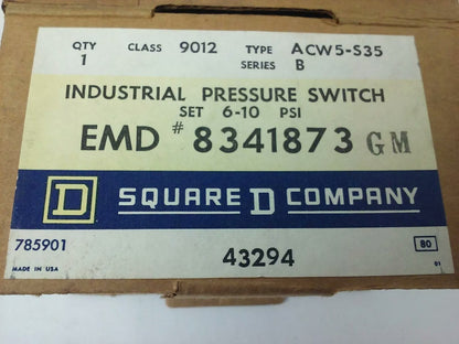 SQUARE D 9012 ACW5-S35 SERIES B, PRESSURE SWITCH, SET 6-10 PSI, 9012 ACW, 600V