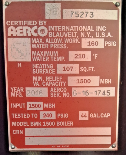 AERCO BMK1500 BOILER 1500MBH 107SQFT 44GALLON 160PSIG 115V 1500000BTU 15A 2HP