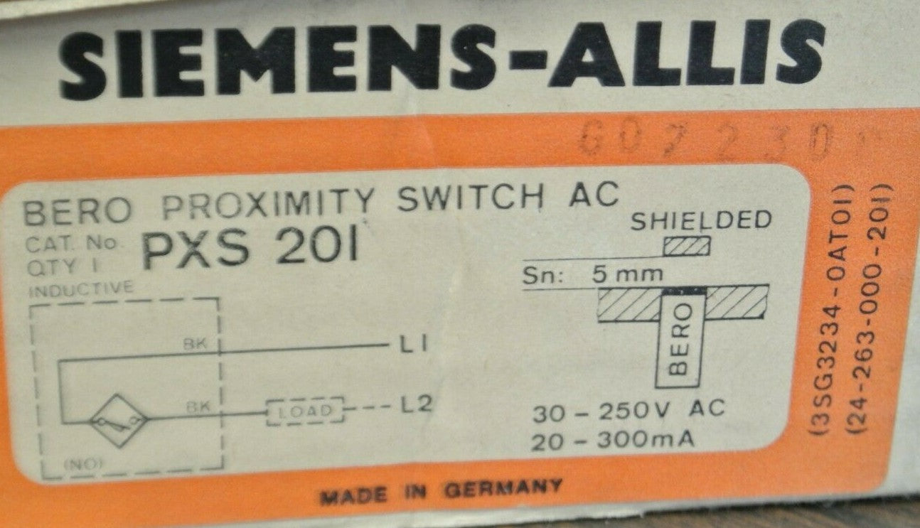 SIEMENS-ALLIS PXS201 AC PROXIMITY SWITCH / 30-250VAC / 20-300mA / NEW SURPLUS