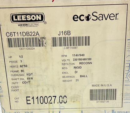 LEESON E110027.00 ECOSAVER MOTOR 1/2HP 1140/940RPM 230/190/460/380V 3PH FRM:56