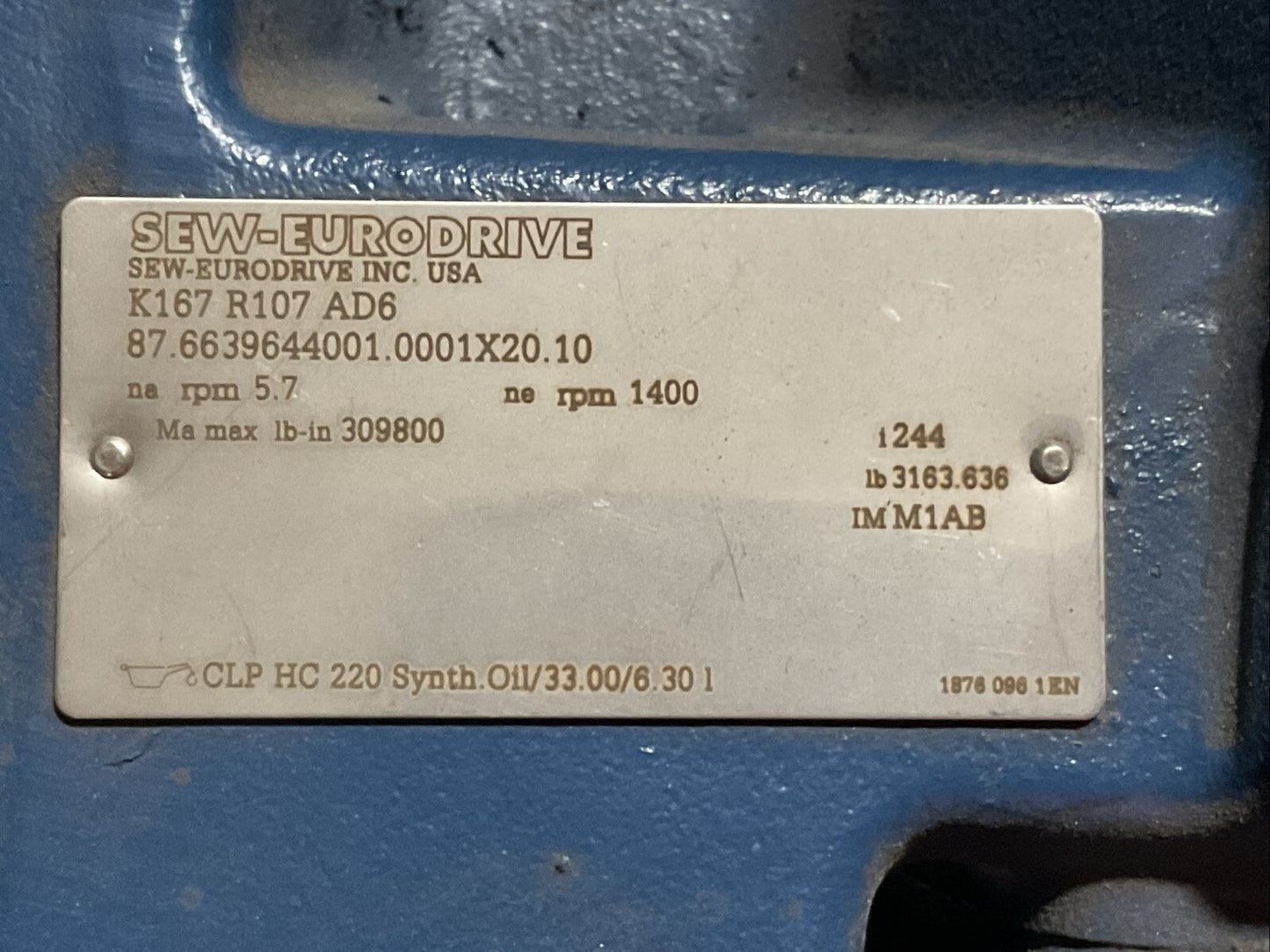 SEW-EURODRIVE K167 R107 AD6 87.6639644001.0001X20.10 na rpm 5.7 ne rpm 1400