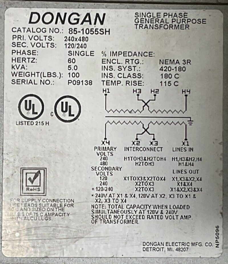 DONGON 85-1055SH 5.0kVA PRI VOLTS 240x480 SEC VOLTS 120x240 TRANSFORMER SINGLE