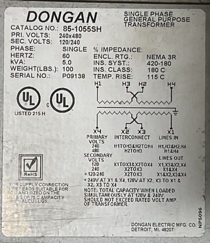 DONGON 85-1055SH 5.0kVA PRI VOLTS 240x480 SEC VOLTS 120x240 TRANSFORMER SINGLE