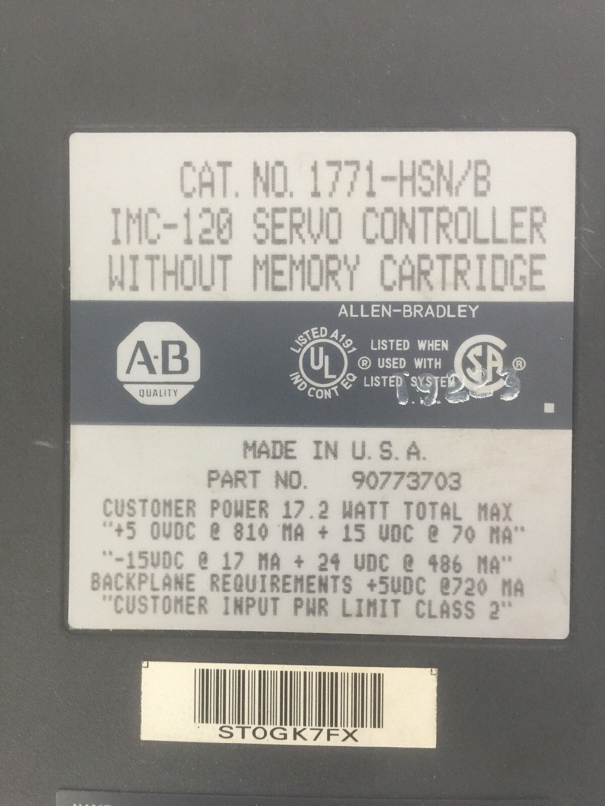 ALLEN BRADLEY 1771-HSN/B IMC-120 SERVO CONTROLLER W/O MEMORY CARTRIDGE REV 1.02