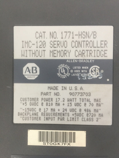 ALLEN BRADLEY 1771-HSN/B IMC-120 SERVO CONTROLLER W/O MEMORY CARTRIDGE REV 1.02