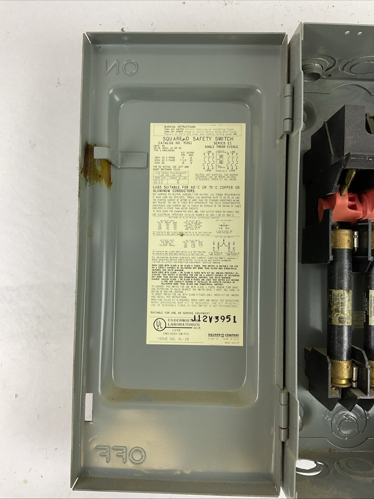 SQUARE D H361 SERIES E1 30AMP 600VAC 3PH 20HP 600VDC 15HP FUSIBLE SAFETY SWITCH
