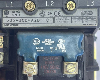 ALLEN BRADLEY 505-BOD-A2D REVERSING STARTER SIZE 1 SER C 600VAC 27A 10HP COIL