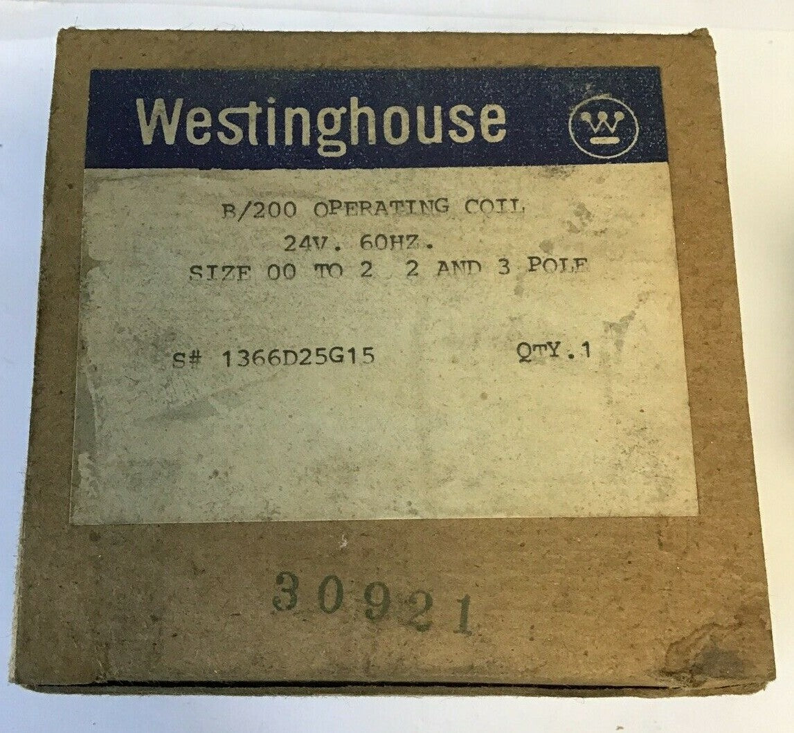 WESTINGHOUSE B/200 OPERATING COIL 24V 60HZ SIZE 00TO2 2/3POLE 1366D25G15