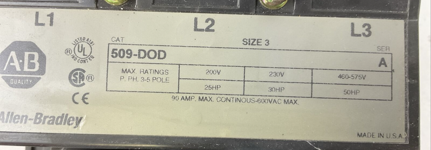 ALLEN BRADLEY 509-DOD SIZE 3 STARTER 600VAC 90A 50HP COIL 115-120V W/W69 HEATERS