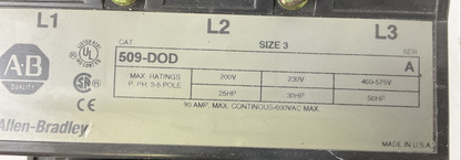 ALLEN BRADLEY 509-DOD SIZE 3 STARTER 600VAC 90A 50HP COIL 115-120V W/W69 HEATERS