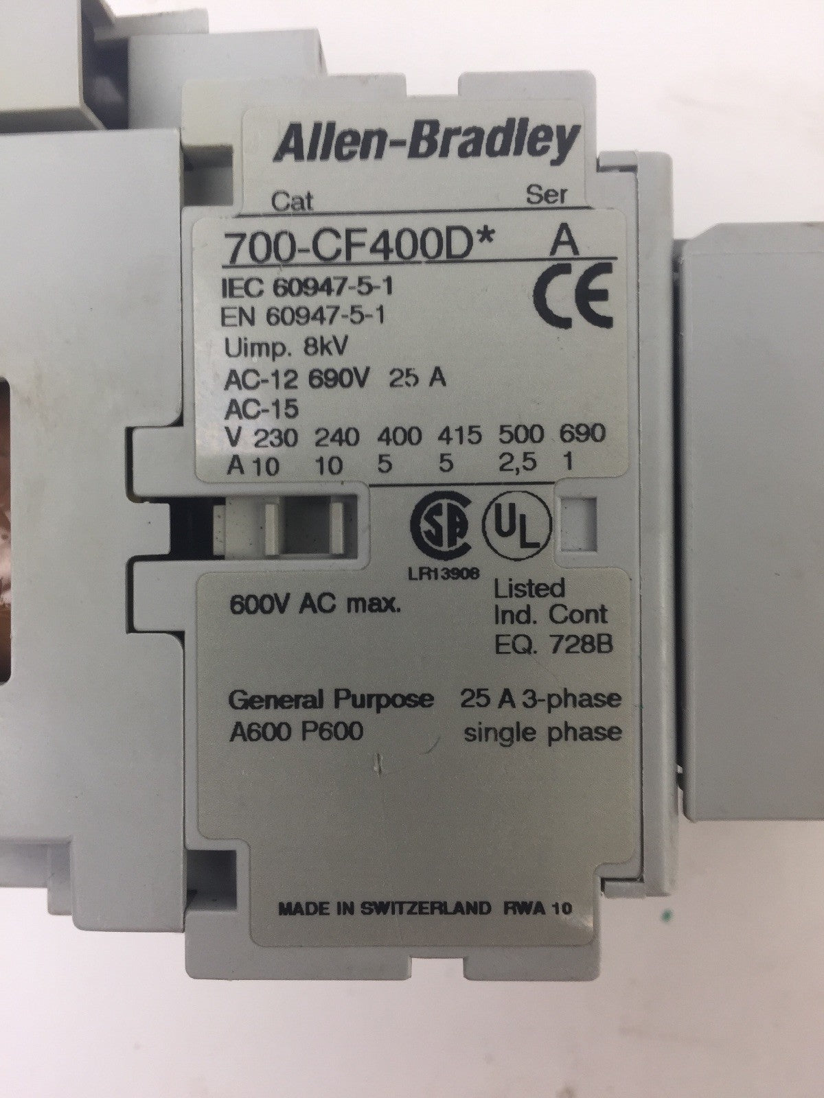 ALLEN BRADLEY 700-CF400D* CONTACTOR  600VAC 25A COIL 24VDC 100-F 100-FSD250