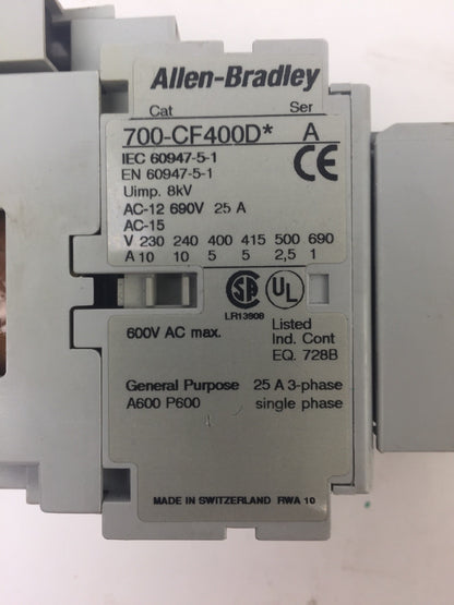 ALLEN BRADLEY 700-CF400D* CONTACTOR  600VAC 25A COIL 24VDC 100-F 100-FSD250