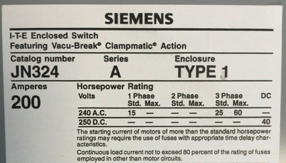 SIEMENS ITE JN324 VACU-BREAK SWITCH WITH CLAMPMATIC CONTACTS SER S 200A 240VAC