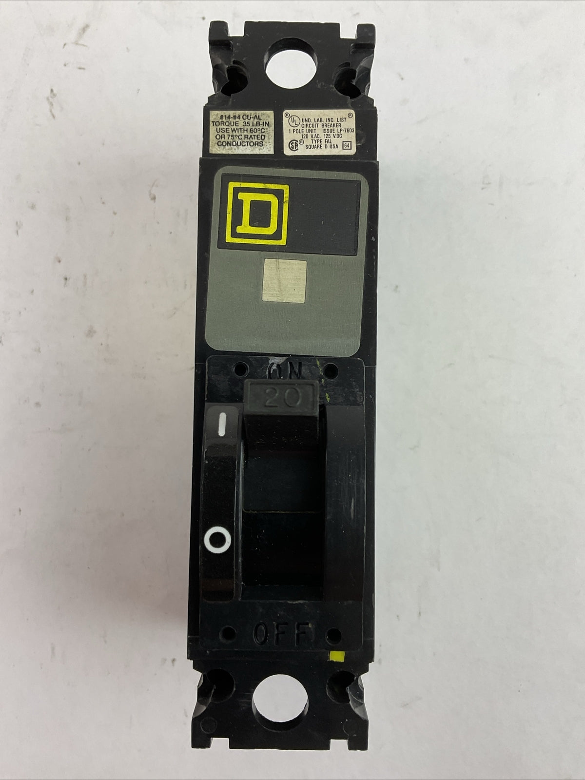 SQUARE D FAL12020 CIRCUIT BREAKER 20AMP 1POLE 120VAC 125VDC
