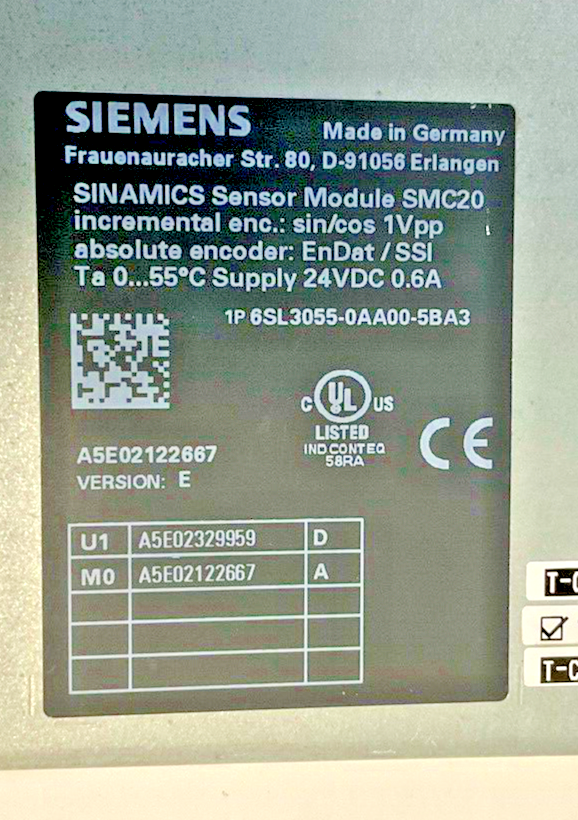 SIEMENS 6SL3055-0AA00-5BA3 SENSOR MODULE SMC20 VER.E 24VDC