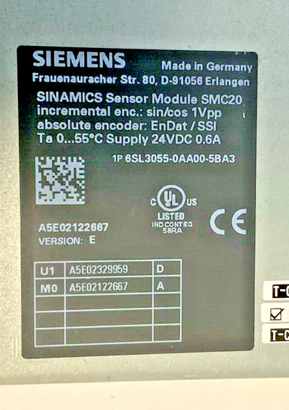 SIEMENS 6SL3055-0AA00-5BA3 SENSOR MODULE SMC20 VER.E 24VDC