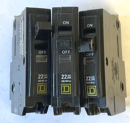SQUARE D QOB120 CIRCUIT BREAKER  20A 22KA 120/240VAC ***LOTOF3***