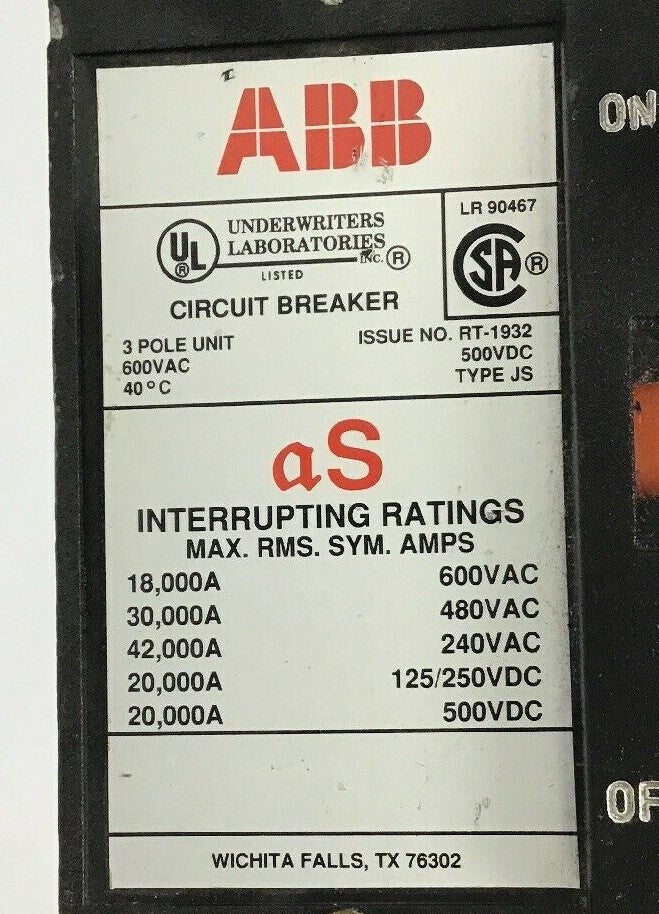 ABB UXAB 718530 R 999 300AMP CIRCUIT BREAKER  TYPE JS 500VDC/480VAC