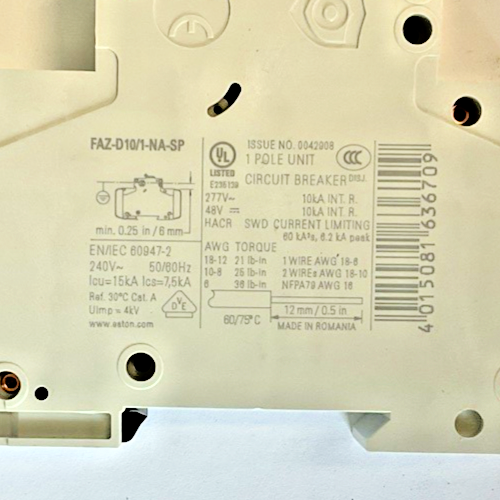 EATON FAZ-D10/1-NA-SP CIRCUIT BREAKER 10A 1POLE 240VAC 50/60HZ CAT.A