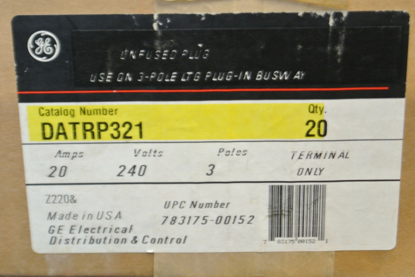 GENERAL ELECTRIC DATRP321 PLUG-IN TERMINAL for BUSWAY / NEW SURPLUS / 20A / 240V