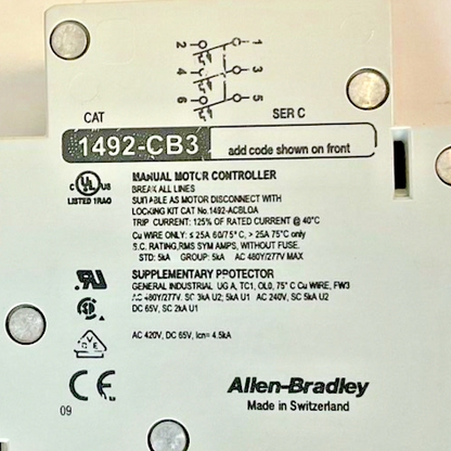 ALLEN BRADLEY 1492-CB3H040 CIRCUIT BREAKER 4A 2HP SER.C ***LOTOF2***