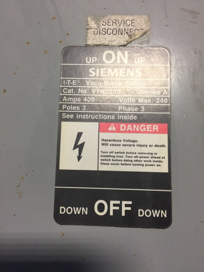 SIEMENS V7H3205 VACU-BREAK SWITCH 400 AMP 240V MAX 3 POLE 3 PHASE SERIES A
