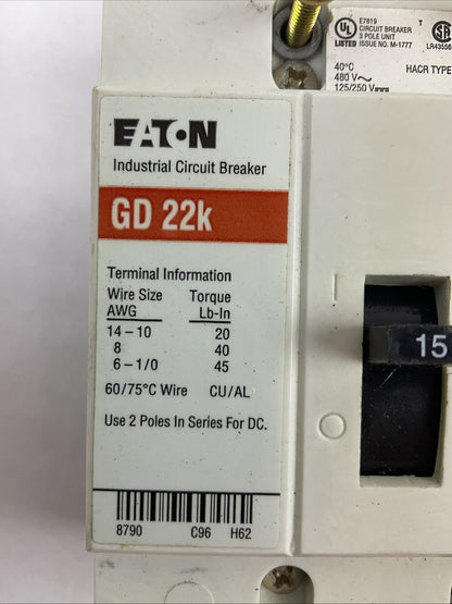 EATON GD 22 INDUSTRIAL CIRCUIT BREAKE 3POLE 15AMP 480VAC 125/250VDC