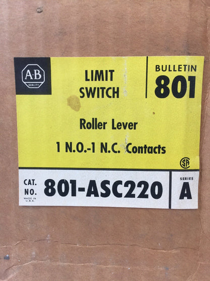 ALLEN BRADLEY 801-ASC220 LIMIT SWITCH ROLLER LEVER 600V AC/DC 1 N.O.-1 N.C. CONT