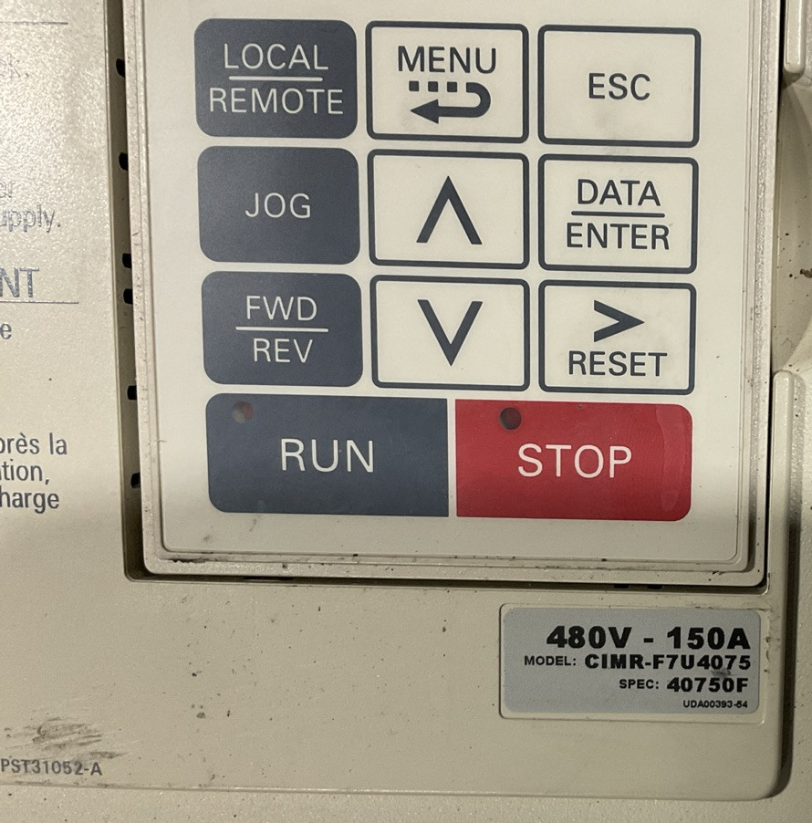 YASKAWA CIMR-F7U4075 AC DRIVE OUTPUT 3PH 0-480VAC HD 150A 110kVA ND 156A 120kVA