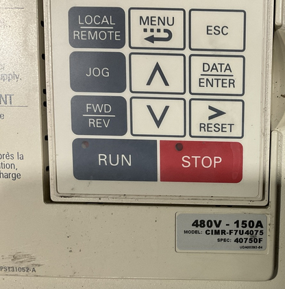 YASKAWA CIMR-F7U4075 AC DRIVE OUTPUT 3PH 0-480VAC HD 150A 110kVA ND 156A 120kVA