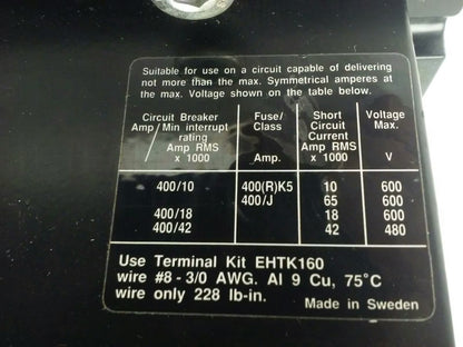 ABB EH160 CONTACTOR, 3PH, 3P BREAKING, 600V, 50-150H.P., 190A, CHIP PLASTIC