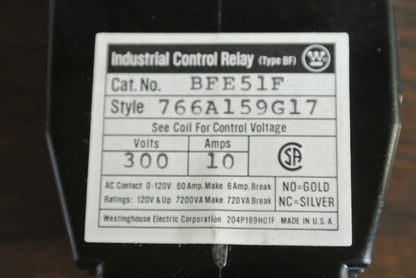 WESTINGHOUSE BFE51F INDUSTRIAL CONTROL RELAY, TYPE BF 300V, 10A - NEW SURPLUS
