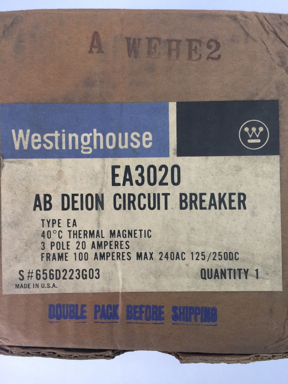 WESTINGHOUSE EA3020 AB DE-ION CIRCUIT BREAKER 20AMP 3POLE 240VAC 125/250VDC