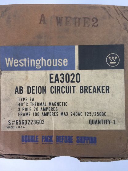 WESTINGHOUSE EA3020 AB DE-ION CIRCUIT BREAKER 20AMP 3POLE 240VAC 125/250VDC