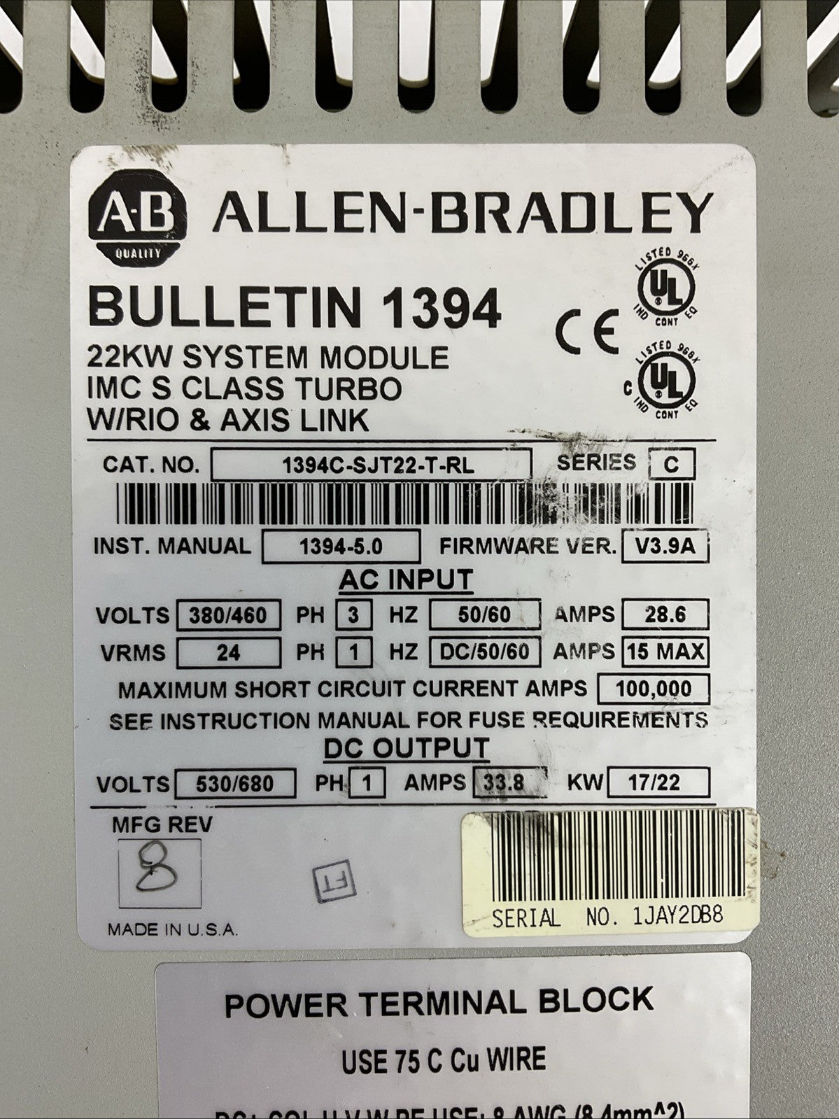 ALLEN BRADLEY 1394C-SJT22-T-RL SERVO DRIVE CONTROLLER SER C FIRMWARE VER V3.9A