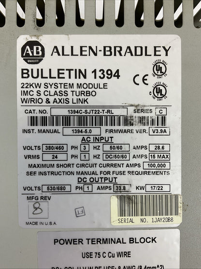 ALLEN BRADLEY 1394C-SJT22-T-RL SERVO DRIVE CONTROLLER SER C FIRMWARE VER V3.9A