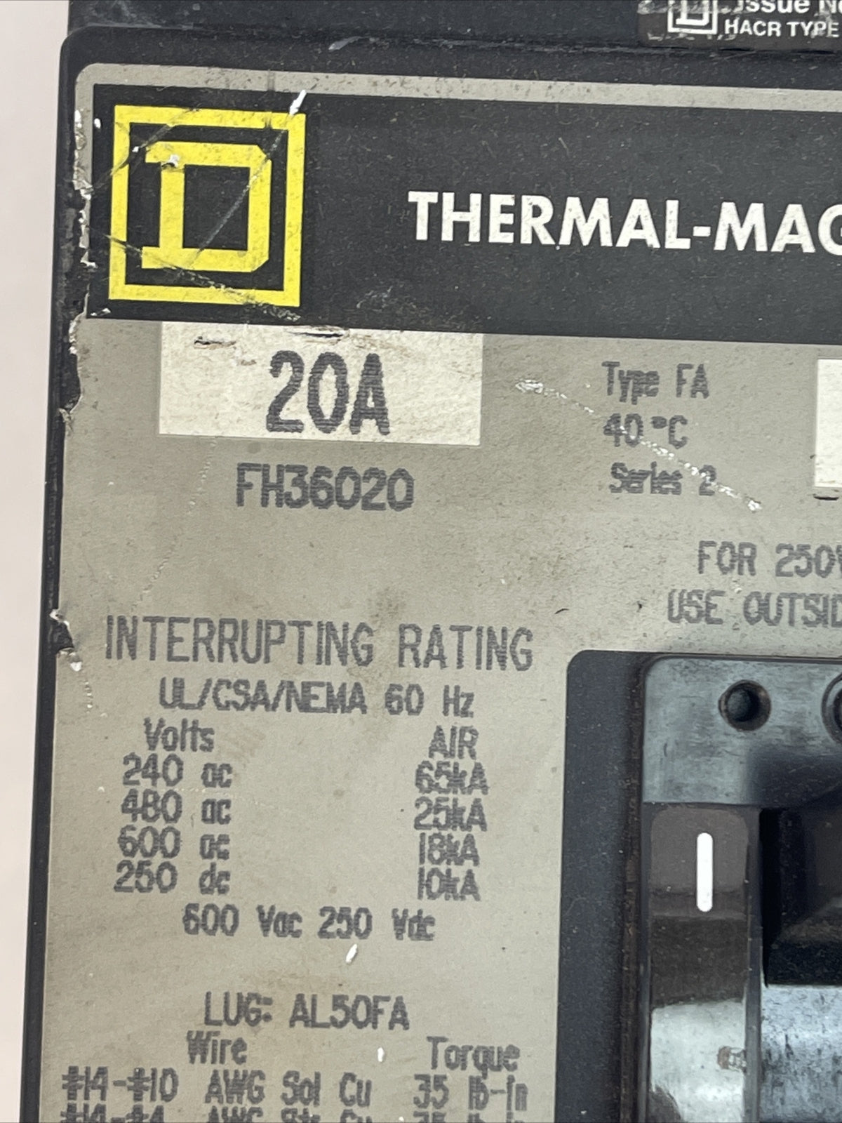 SQUARE D FH36020 CIRCUIT BREAKER 20A 600VAC 250VDC 3POLE SERIES 2