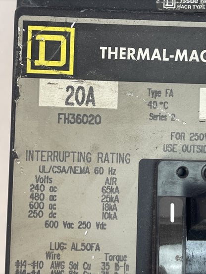 SQUARE D FH36020 CIRCUIT BREAKER 20A 600VAC 250VDC 3POLE SERIES 2