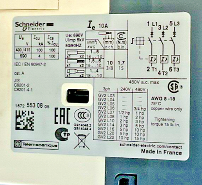 SCHNEIDER ELECTRIC GV2-L14 MANULA MOTOR STARTER 10 480VAC