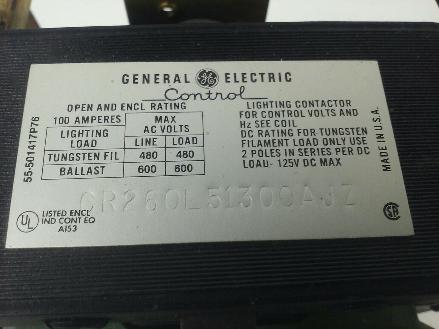 GE CR260L51300AJZ LIGHTING CONTACTOR AUTO OFF ON 100A 600V 120V COIL