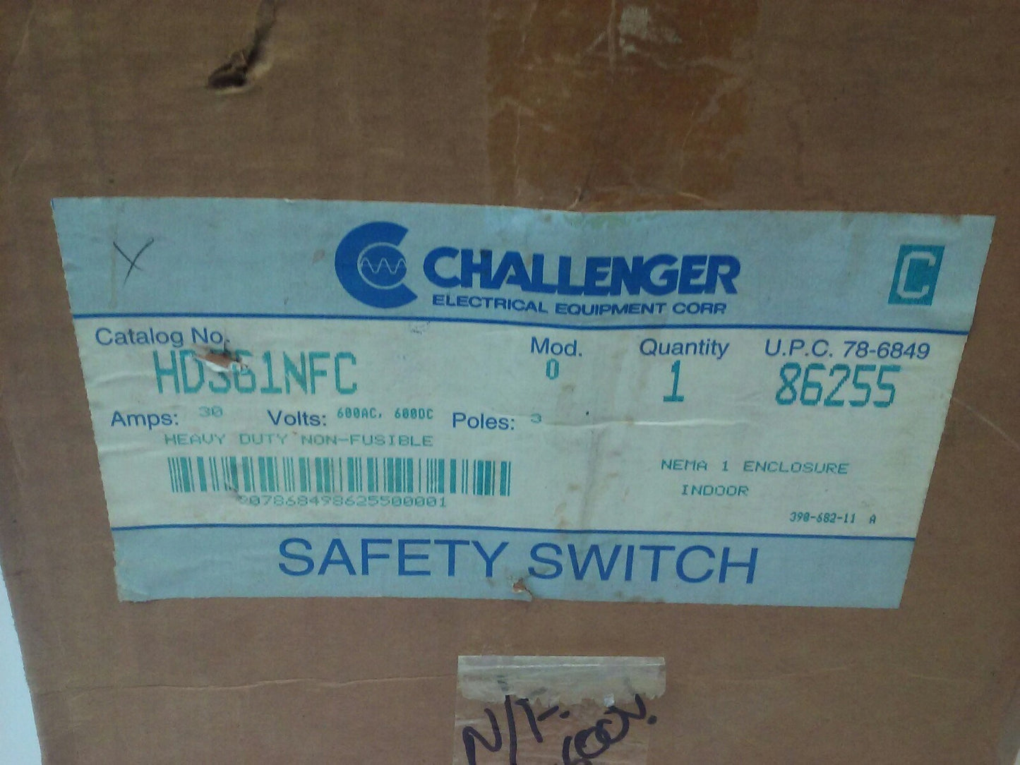 CHALLENGER HD361NFC MODEL 0 SAFETY SWITCH 3P 30A 600VAC 20HP NON-FUSIBLE NEMA 1