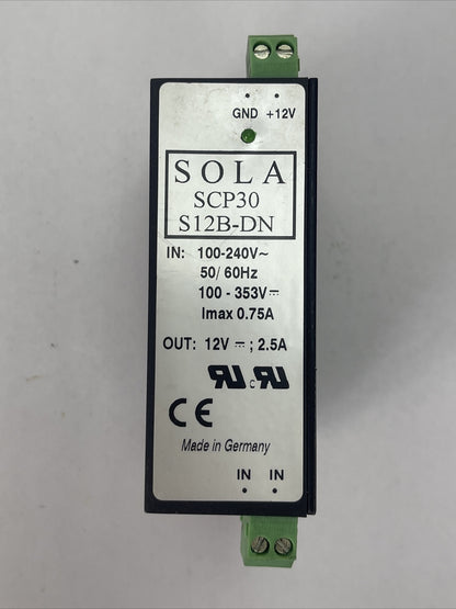 SOLA SCP30 S12B-DN POWER SUPPLY OUT 12VDC 2.5A INPUT 100-240VAC 100-353VDC 0.75A