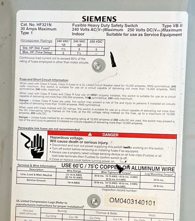 SIEMENS HF321N FUSIBLE SAFETY SWITCH 30A 240VAC 250VDC VBII